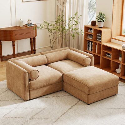 Latitude Run Elegant Camel Chenille Sofa With Storage Seat And Ottoman L-Shaped Cylindrical Backrest And Armrests Contemporary Fabric Couch With Hidden Storage C