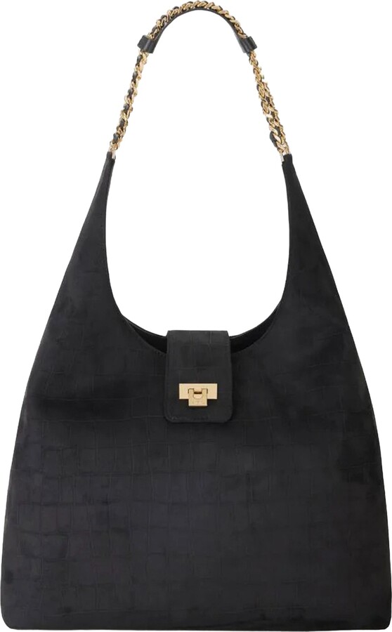 Elisabetta Franchi Suede Hobo Bag With Crocodile Embossing And Gold Chain Details