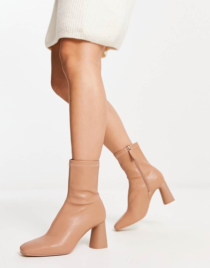 Stradivarius mid heel sock boot in camel ShopStyle