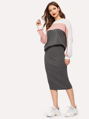 Shein Color Block Pullover & Pencil Skirt Set