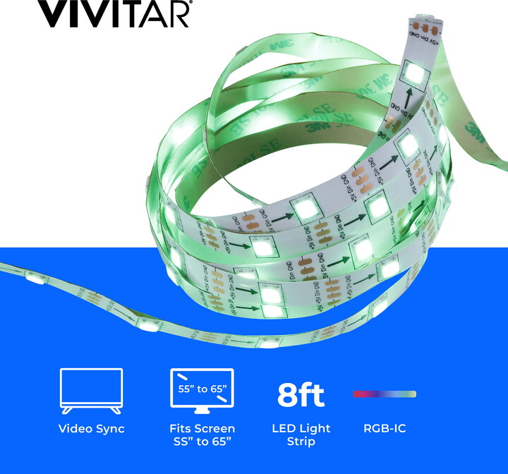 VIVITAR LED TV Backlights – 65” Full-Color RGB LED Smart Strip with Sound & Screen Sync with Remote-Mood lighting