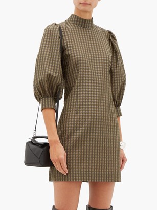 Ganni Puff-sleeve Gingham Seersucker Mini Dress - Khaki