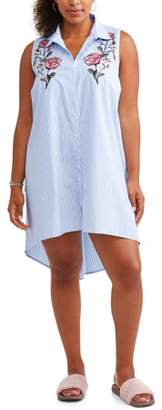New Look Sport Juniors' Plus Size Sleeveless Embroidered Poplin Button Down Shirt Dress