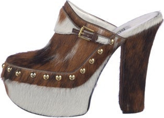 GCDS Ponyhair Mules Neutrals Animal Print Round-Toes Platform Mary Jane Strap