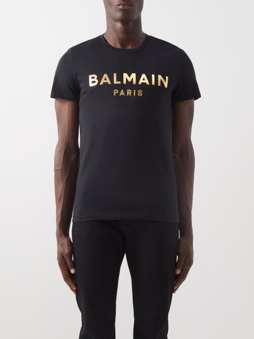 Balmain Logo-print Cotton-jersey T-shirt - Black Gold - ShopStyle Short Shirts