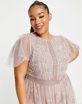 Thumbnail for your product : ASOS Curve ASOS DESIGN Curve Bridesmaid pearl embellished flutter sleeve maxi dress with floral embroidery in rose