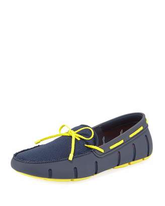 Swims Mesh & Rubber Braided-Lace Boat Shoe, Navy/Yellow