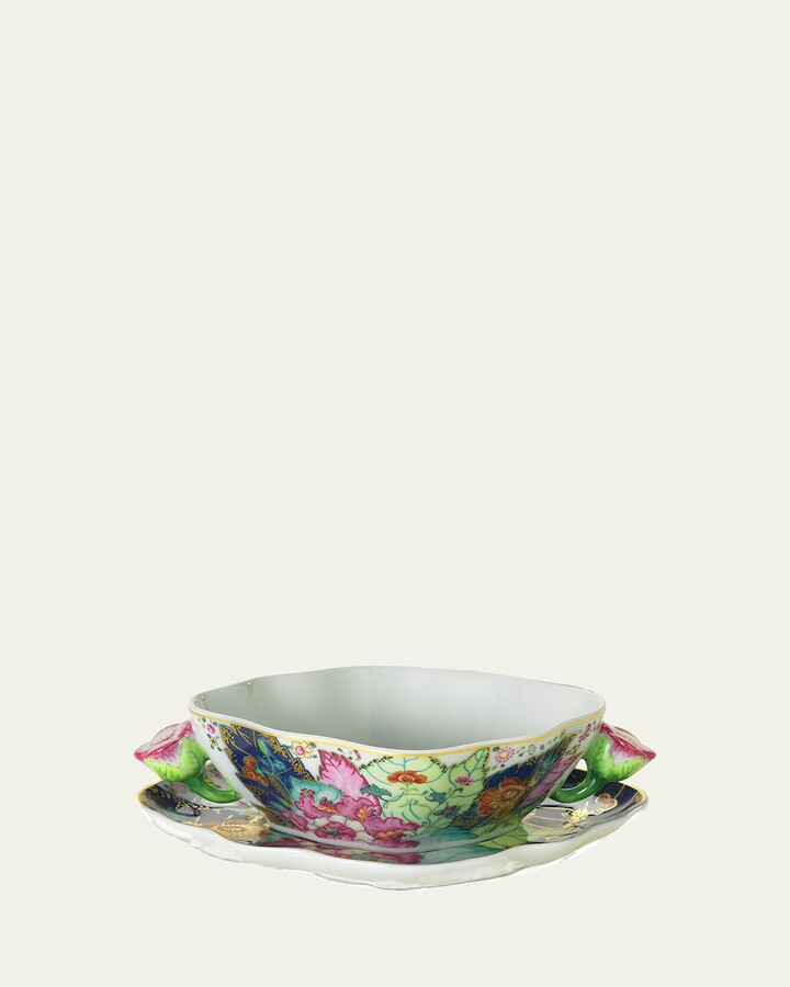 Mottahedeh Tobacco Leaf Cream Soup Bowl and Saucer