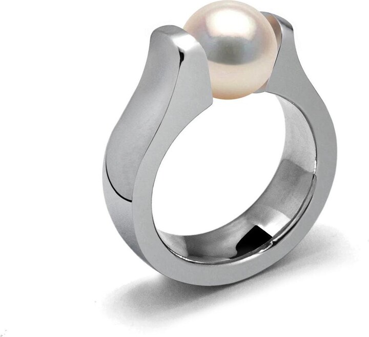 Etsy Tension Set White Pearl Ring | High-Set Stainless Steel Statement Marea Dome Design By Taormina