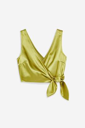 Topshop Womens Satin Sleeveless Tie Wrap Crop Top - Olive
