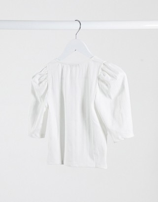 Stradivarius v-neck top with button detail in white