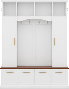Farmhouse Hall Tree With Golden Hooks & Walnut Bench, Entryway Organizer With Adjustable Shelves, Shoe Storage, Anti-Tip