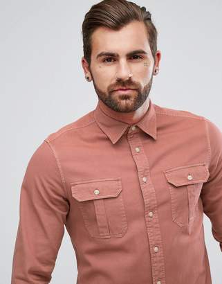 ASOS Regular Fit Laundered Twill Shirt With Double Pocket In Pink