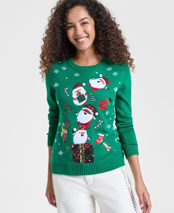 Holiday Lane Women's Santa Surprise Sequined Sweater, Created for Macy's