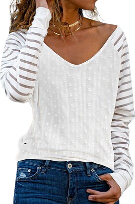 Kanzd Tops for Women Fashion V Neckline Long Sleeve Chiffon Casual Lace Mesh Swiss Dot Solid Shirts Blouse Tops Tunic 