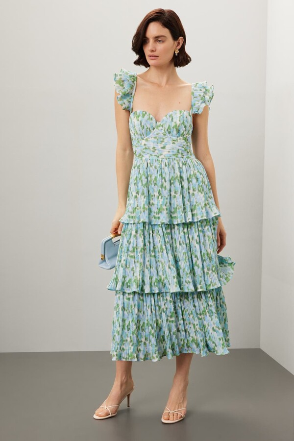 Corset Pleated Midi Dress Blue-multicolored-print