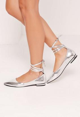 Missguided High Shine Lace Up Flat Shoes Silver
