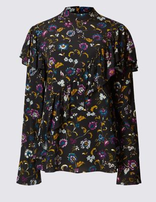 Marks and Spencer Printed Ruffle Front Long Sleeve Blouse