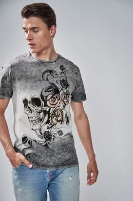 Next Mens Grey Dip Dye Skull Graphic T-Shirt - Grey