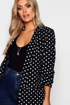 boohoo Plus Polka Dot Rouched Sleeve Fitted Blazer
