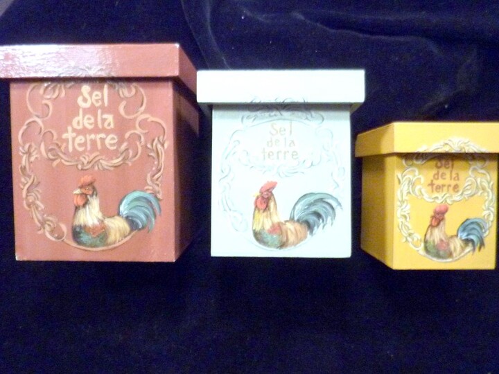 French Country Rooster Painted Wood Boxes - Kitchen Storage Set
