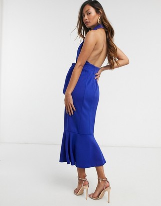 ASOS DESIGN plunge halter belted pep hem midi dress with contrast top stitch in blue