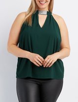 Thumbnail for your product : Charlotte Russe Plus Size Embellished Mock Neck Keyhole Top