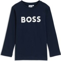 HUGO BOSS Kids' long-sleeved T-shirt in cotton with contrast logo- Dark Blue Men's Boys size 114