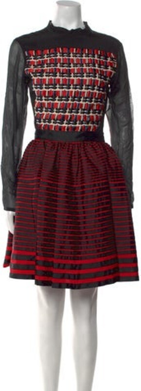 Kenzo A-Line Dress Black Plaid Print Long Sleeve with Mock Neck Button Closure at Back Size not listed, estimated from measurements.