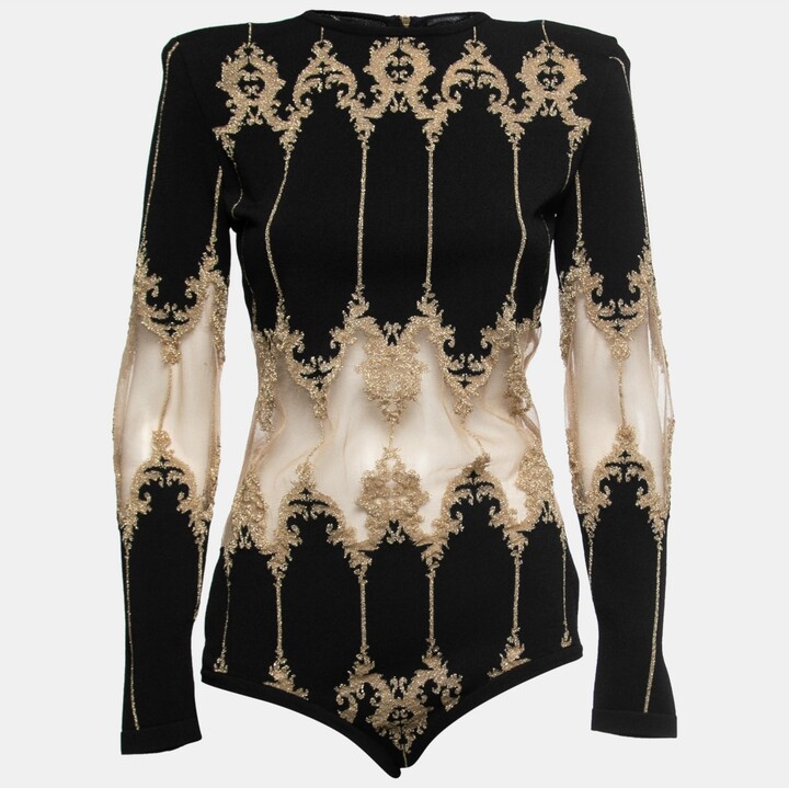 Pre-Owned Balmain Women's Black Stretch-Knit Metallic Tulle Paneled Bodysuit