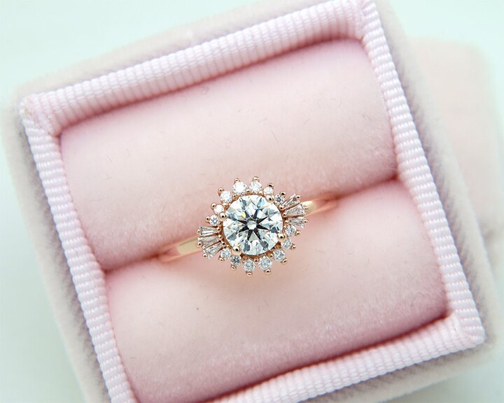 Art Deco Lab Diamond Engagement Ring 1.27Ct Vs1-G, 14K Rose Gold Halo Ring