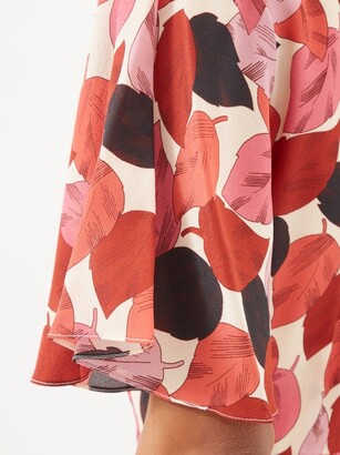 Raey Godet Short-sleeve Falling Leaves Print Silk Dress - Pink Multi