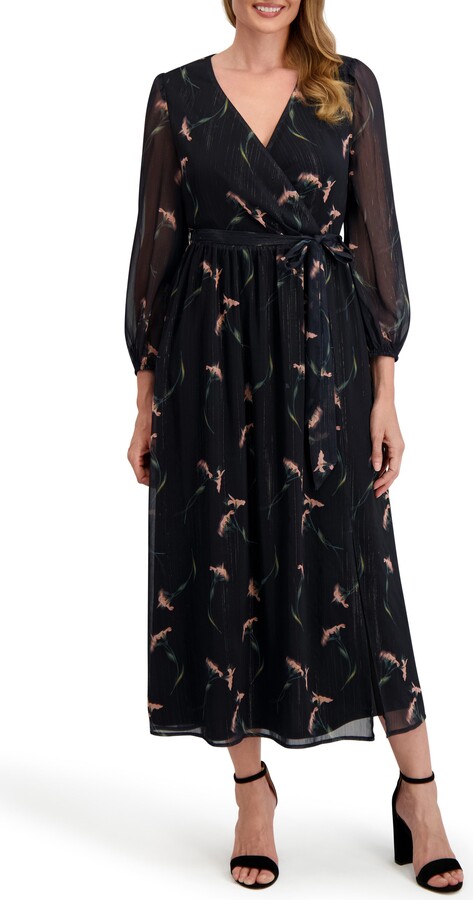 Laundry by Shelli Segal Maya Floral Long Sleeve Faux Wrap Chiffon Dress
