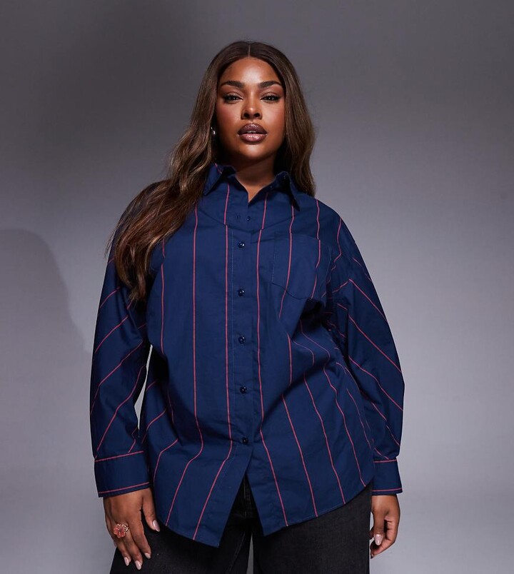 ASOS Curve ASOS DESIGN Curve cinched detail oversized shirt in red and blue stripes