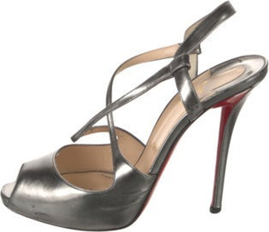 Christian Louboutin Leather T-Strap Pumps Silver Peep-Toes Platform Crossover Straps Designer