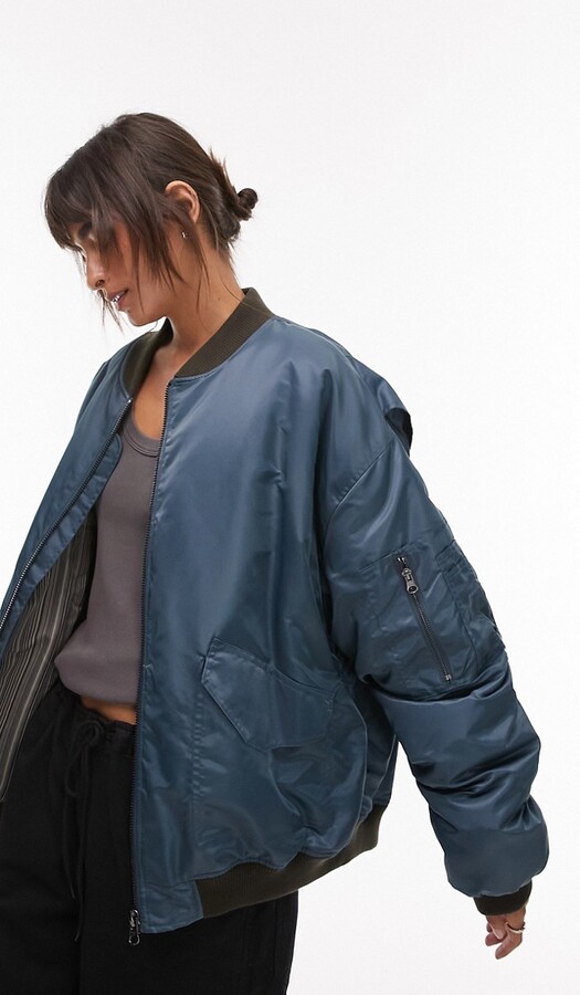 Topshop Cotton Oversized Bomber Jacket Jacket Slate Blue - ShopStyle