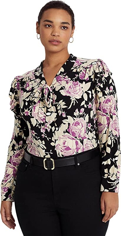 Lauren Ralph Lauren Plus Size Floral Stretch Jersey Tie Neck Top - ShopStyle