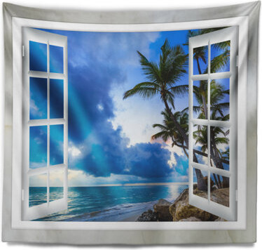 Landscape Window Open to Cloudy Blue Sky Tapestry