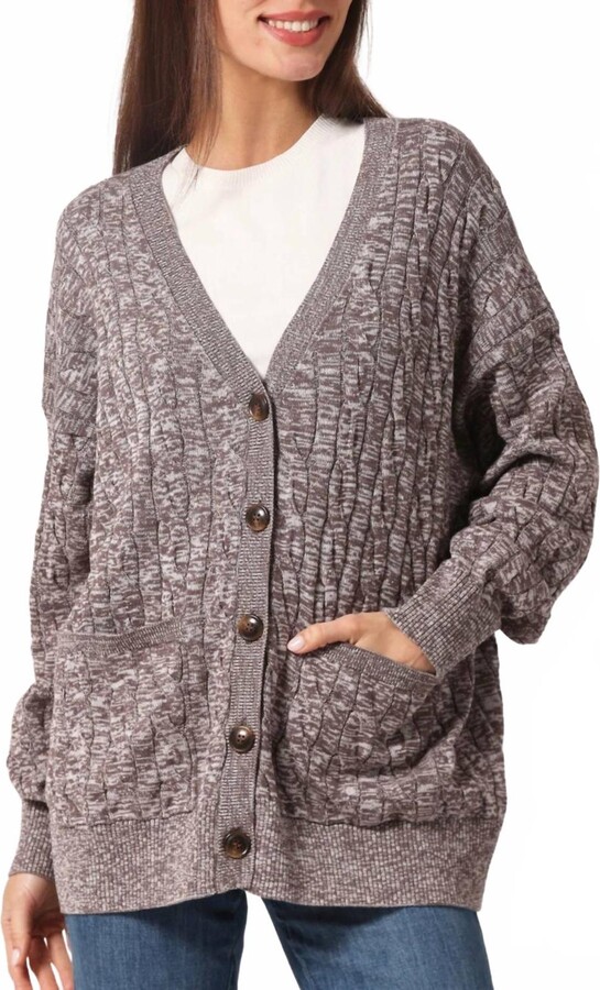 Minnie Rose Cotton Cable Marbled V Neck Cardigan In Brazil Nut