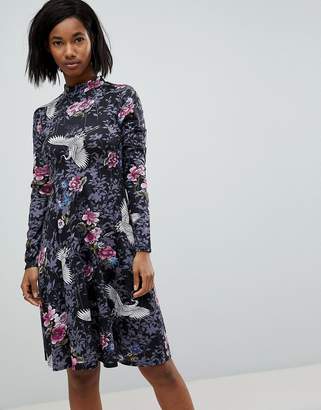 Club L High Neck Long Sleeve Printed Dress with Button Open Back Detail