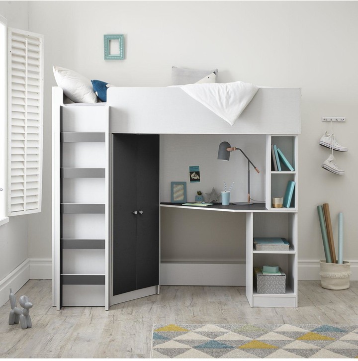 Miami Fresh High Sleeper Bed with Desk, Wardrobe and Shelves Black