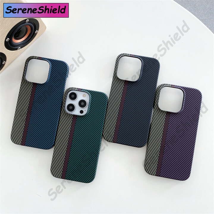 SereneShield Luxury Carbon Fiber Pattern Frameless Case for iPhone 16 15 14 Plus 13 12 11 Pro Max Mini Shockproof Heat Dissipation Retro Capa
