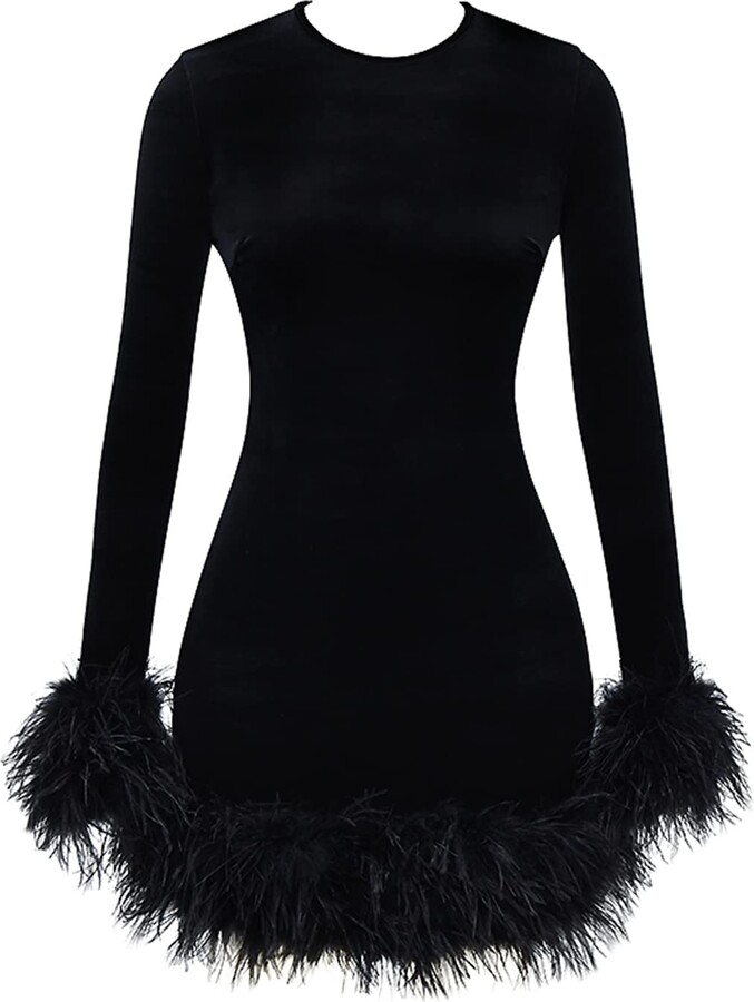 meilun Black Velvet Mini Dress with Feather Trim Long Sleeve Cocktail ...