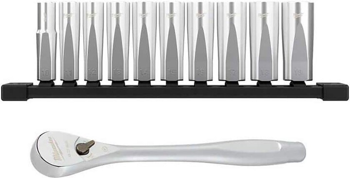 Milwaukee 3/8 in. Drive Metric Deep Well 6-Point Socket Set and 3/8 in. Drive Ratchet (11-Piece)