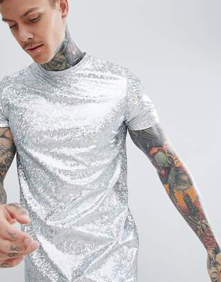 ASOS Design Longline T-Shirt In Holographic Metallic Silver Fabric