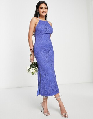 Little Mistress Bridesmaid lace maxi dress with low back in blue
