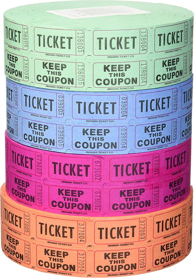 INDIANA TICKET CO. Indiana Ticket Company Raffle Tickets, (4 Rolls of 2000 Double Tickets) 8,000 Total 50/50 Raffle Tickets, Assorted