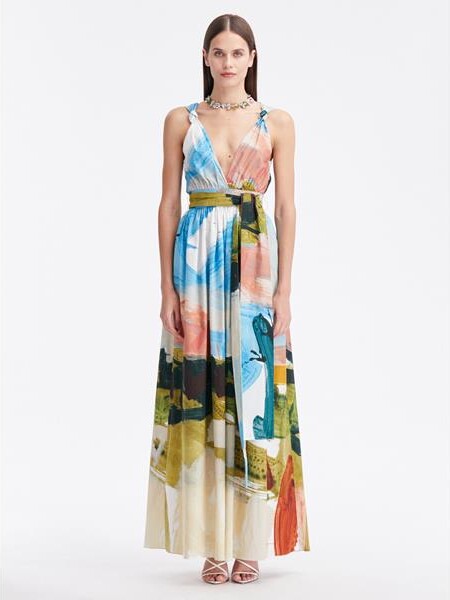 ODLR Abstract Landscape Cotton Poplin Maxi Dress