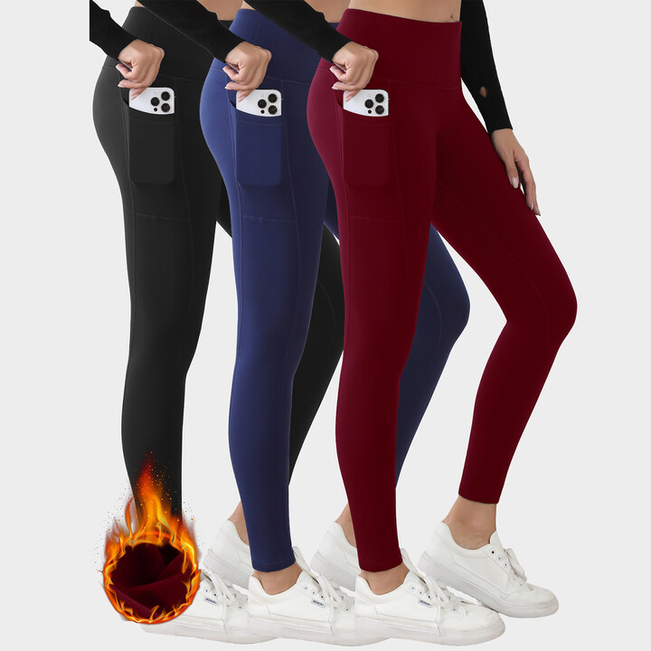 1/3pcsWomen Pocket High Waist Velvet Leggings Warm Winter With Inner Pocket Skinny Stretch Prevent Cold Leggings Casual Pants