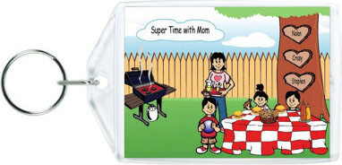 Printed Perfection Personalized Family Backyard Barbeque Single Mom 2 boys, 1 girl Acrylic Key Chain